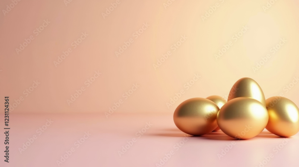 Golden eggs on a matte Easter background with soft pastel tones. Golden eggs on a matte Easter background with soft pastel tones.