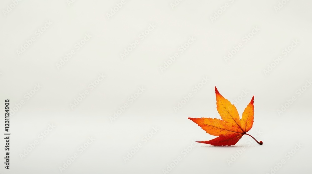 A single red and yellow maple leaf on a white surface A single red and yellow maple leaf on a white surface