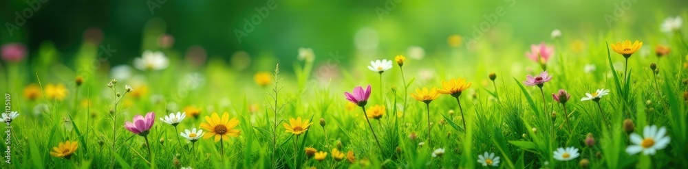 Obraz premium A sprinkling of colorful wildflowers decorates the grassy slope, meadow, green, blades of grass