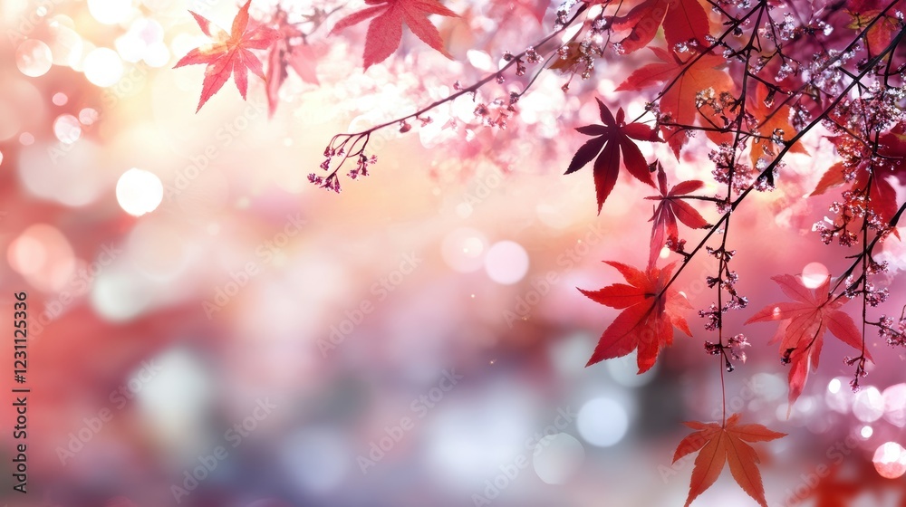 Branch with vibrant red leaves displaying autumn colors against a clear blue sky background Branch with vibrant red leaves displaying autumn colors against a clear blue sky background