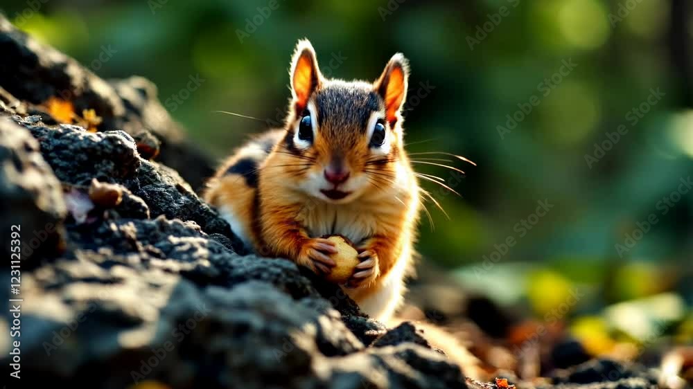 Charming Chipmunk Posing on a Rock Surrounded by Nature's Beautiful Background Light