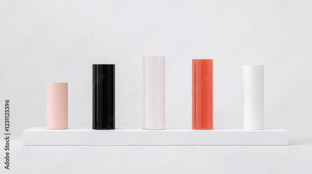 Five cylindrical containers in varying colors and heights arranged on a white surface. A minimalist and modern still life. Five cylindrical containers in varying colors and heights arranged on a white surface. A minimalist and modern still life.