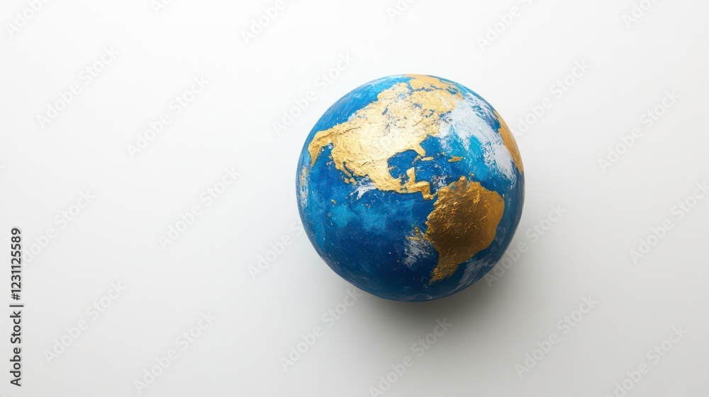 A small, blue and gold painted globe sits on a white background. A small, blue and gold painted globe sits on a white background.
