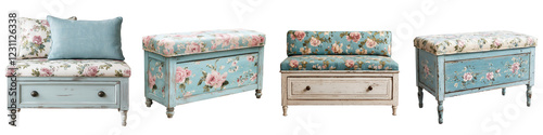 Assortment of vintage inspired floral upholstered bedroom and living room furniture pieces including a chest of drawers storage bench and decorative accent benches perfect for creating a cozy photo