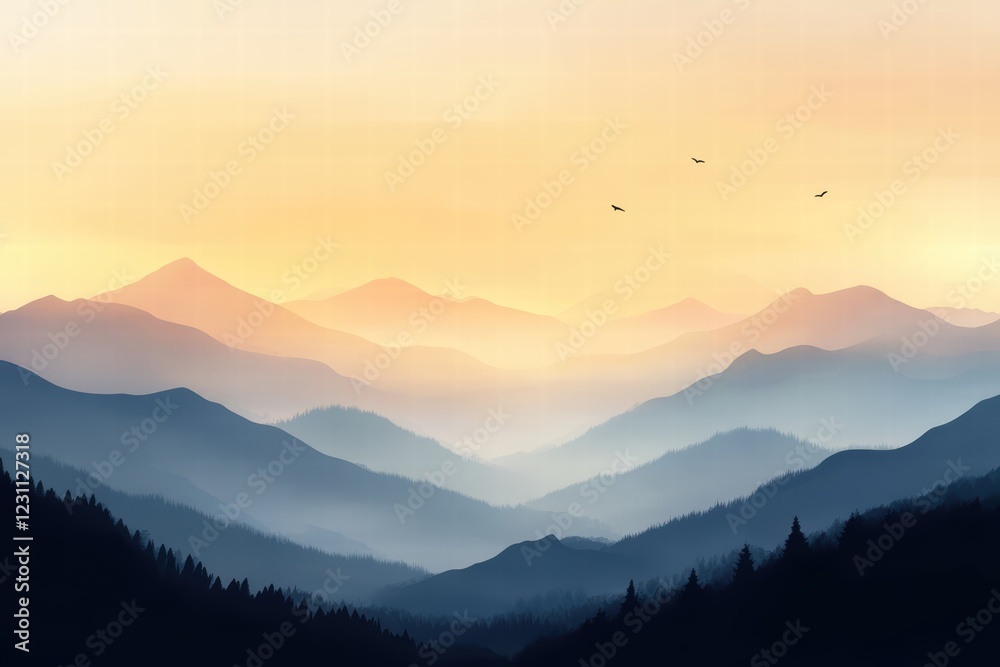 Obraz premium Serene Mountain Landscape at Dawn with Soft Orange and Blue Hues