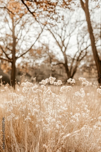 Autumn Landscape with Golden Grass and Bare Trees in Background photo