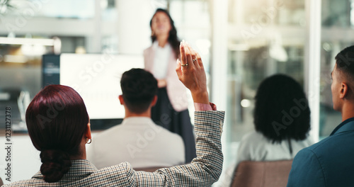 Back, woman and question in presentation for business, vote and opinion feedback. Person, corporate audience and gesture in seminar with idea, employee engagement and volunteer in office meeting
