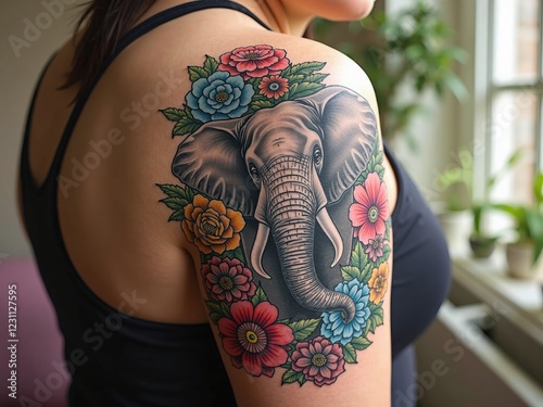 A vibrant elephant tattoo adorned with colorful flowers and leaves on the upper arm, featuring a detailed gray elephant surrounded by red, blue, and yellow blooms, creating a lively and nature-inspire photo