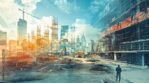 Different images that tell the story of civil construction, with a superimposition and projection effect on them