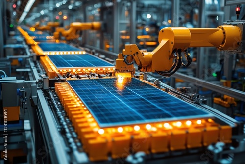 Energy-efficient solar panel manufacturing plant with robotic arms.
