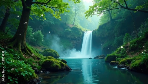 Wallpaper Mural misty forest with waterfalls, lush greenery and twinkling lights, greenery, water Torontodigital.ca