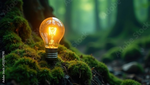 Moss-covered bulb glowing softly in forest light, forestpunk, tree roots photo