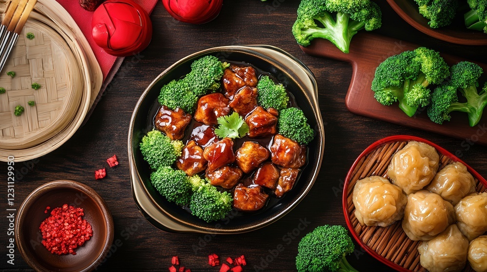 braised shiitake mushrooms and broccoli, representing wealth and family harmony during Chinese New Year. braised shiitake mushrooms and broccoli, representing wealth and family harmony during Chinese New Year.