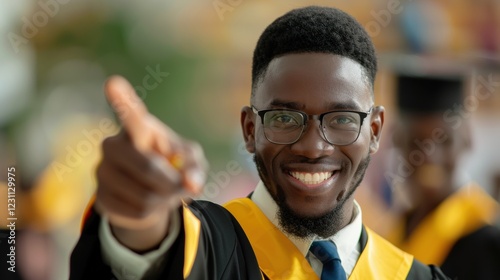 Smiling graduate celebrating with a gesture at a commencement ceremony. photo