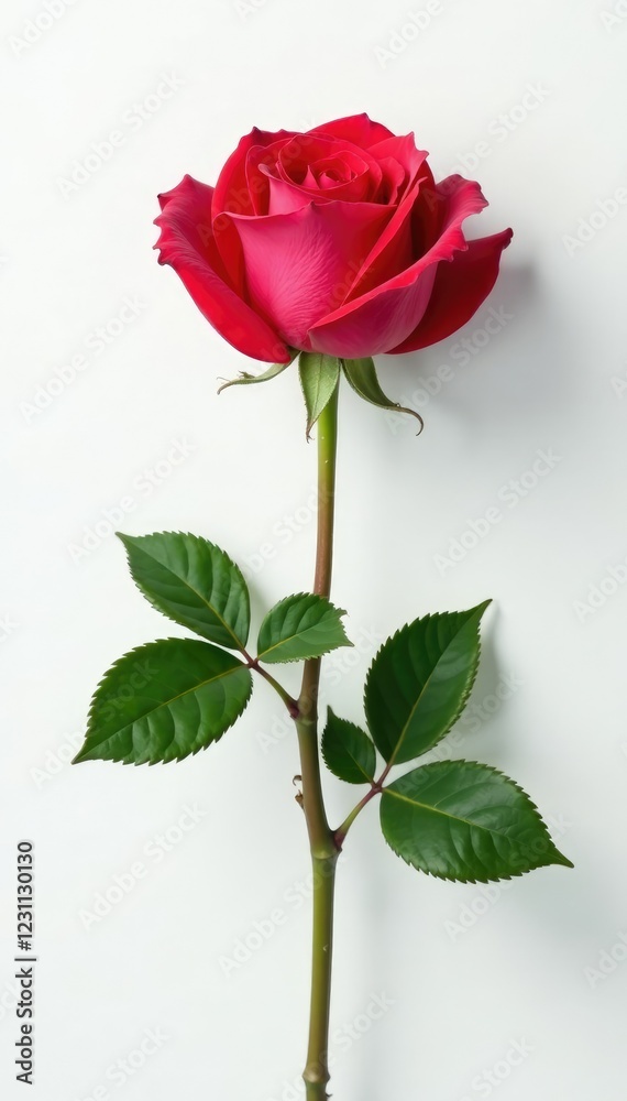 single stem of rose with attached leaves against white, plant, rose, leaf single stem of rose with attached leaves against white, plant, rose, leaf