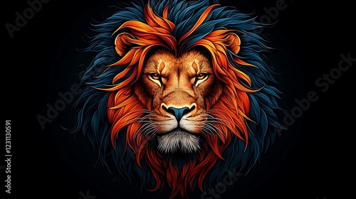 Majestic lion with vibrant orange and blue mane, set against a dark background, symbolizing strength