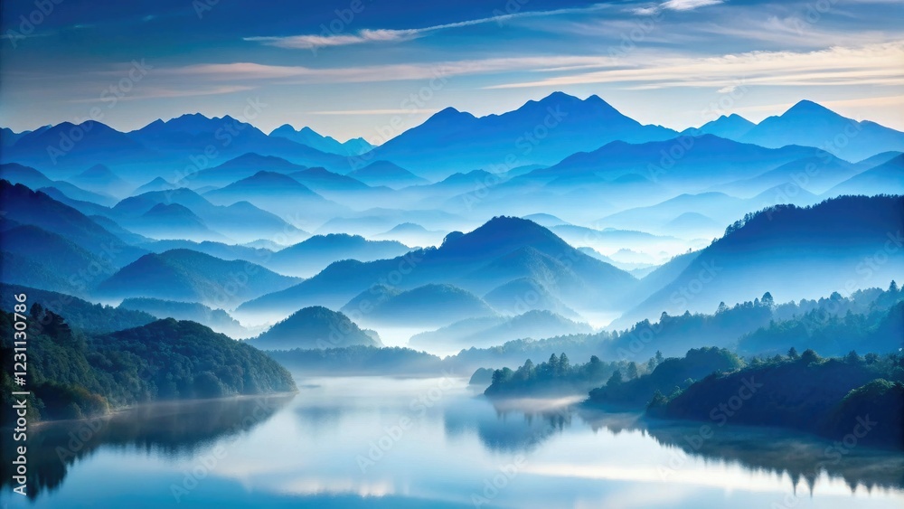 Soft blue misty mountainscape with gentle hills and serene lakes, peaceful atmosphere, soft focus photography, calming view, misty morning Soft blue misty mountainscape with gentle hills and serene lakes, peaceful atmosphere, soft focus photography, calming view, misty morning