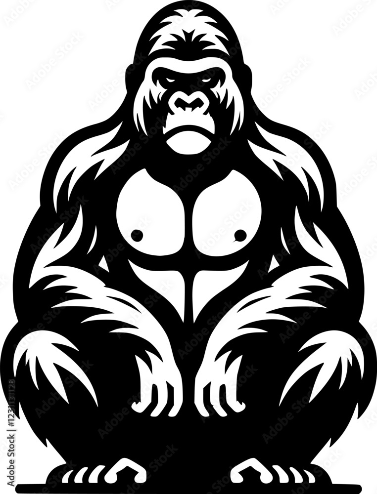 Obraz premium Tattoo of sullen gorilla sits and looks menacingly in monochrome. Monkey in threatening pose. Engraving minimalistic vector in black ink drawing on transparent background