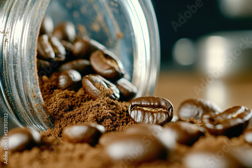 A jar of coffee beans is poured out onto a table photo