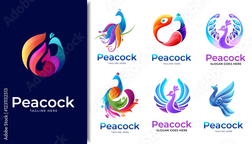 set of colorful peacock logo icon symbol illustration design template