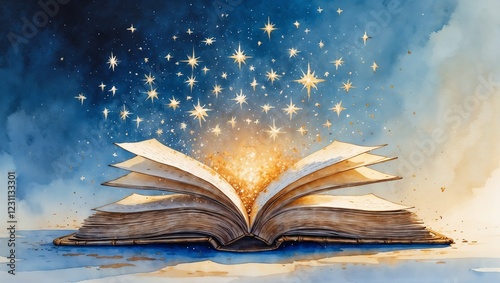  Magical open book with glowing stars watercolor