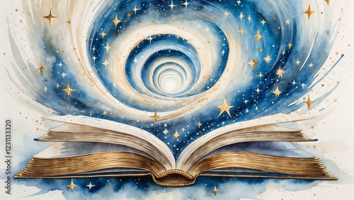  Magical open book with glowing stars photo