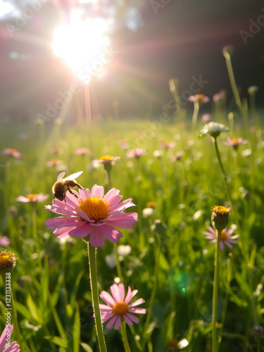 Warm sunlight casts a gentle glow on a blooming meadow, bees flit from flower to flower, capturing the essence of a serene summer afternoon. photo