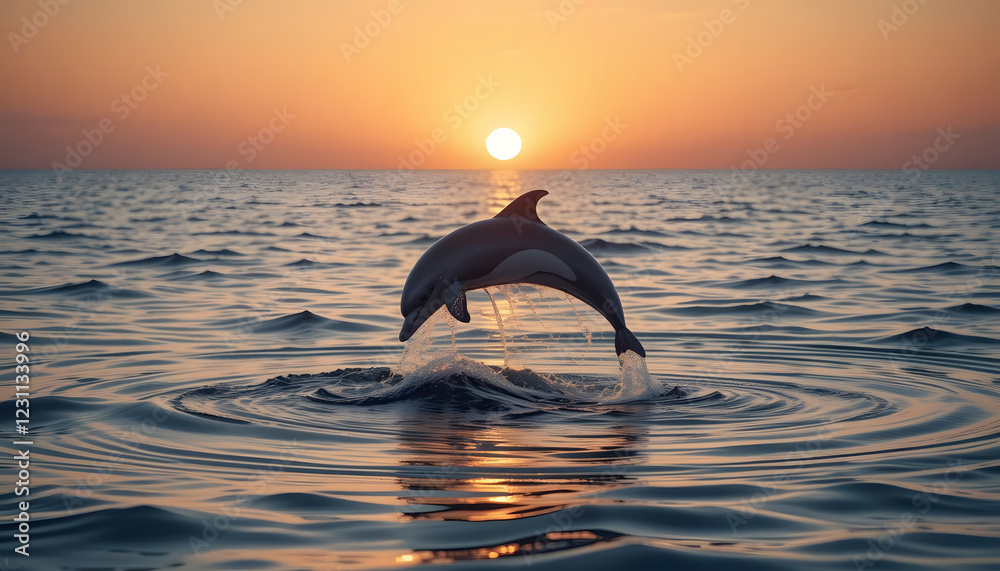 a dolphin jumping out of the water during a calm sunset, ripples spreading across the sea, golden light reflecting on the waves, photorealistic a dolphin jumping out of the water during a calm sunset, ripples spreading across the sea, golden light reflecting on the waves, photorealistic