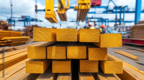 A Vibrant Collection of Freshly Cut Yellow Lumber Planks Ready for Transportation at a Wood Processing Facility Amidst a Busy Industrial Environment photo