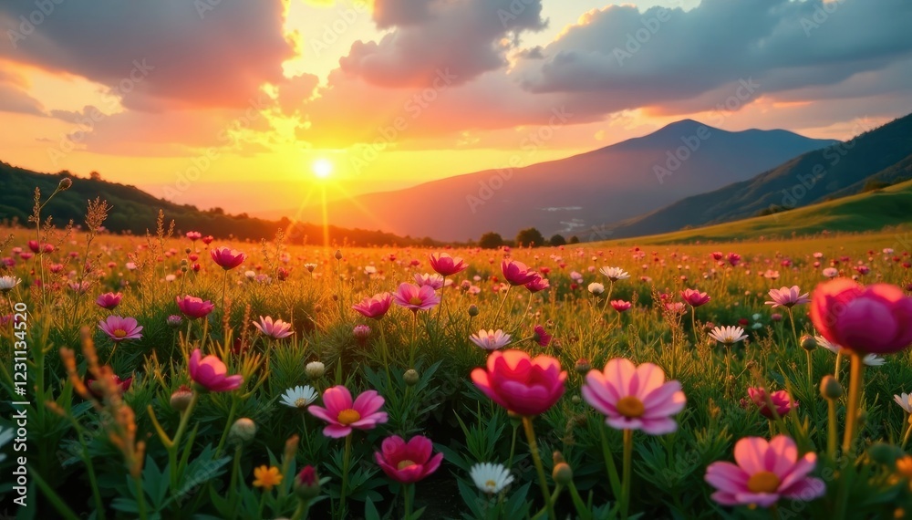 Dawn breaks over a vast meadow with wildflowers and a distant mountain range, petals, sunrise, dew Dawn breaks over a vast meadow with wildflowers and a distant mountain range, petals, sunrise, dew