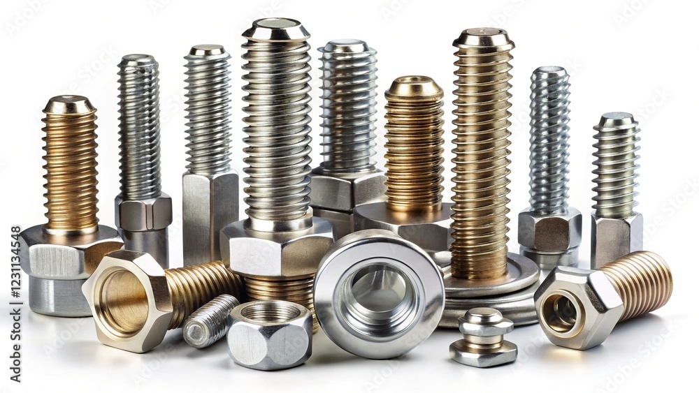 Close-up of Various Metal Bolts Isolated on White Background - High-Resolution Stock Photo Close-up of Various Metal Bolts Isolated on White Background - High-Resolution Stock Photo