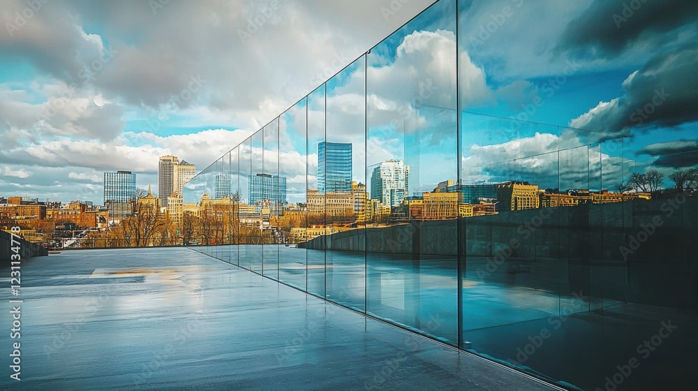 Fototapeta premium Modern Urban Architecture with Reflection Under Dramatic Clouds
