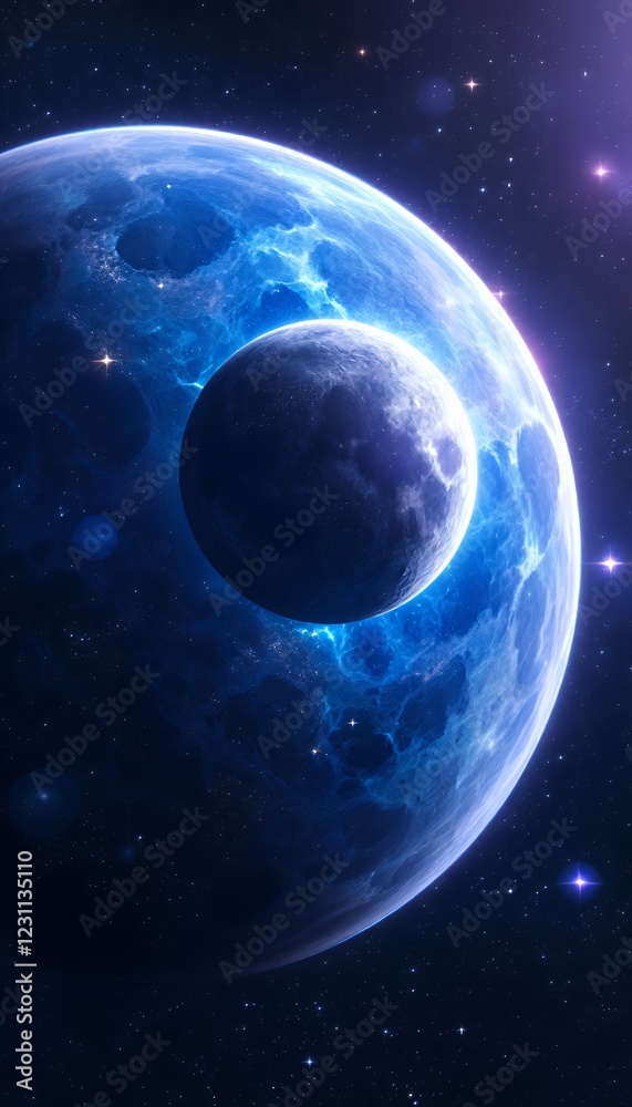 Obraz premium Vibrant Cosmic Landscape Featuring a Radiant Nebula and the Bright Moon Surrounded by Stars