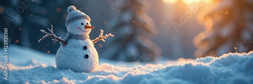 Frosty snowman with golden lights on a snowy hill, cold climate, golden lights, snappy snow