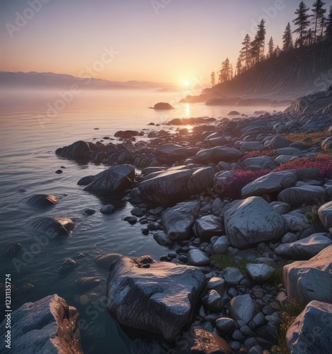Rocky shoreline of the White Sea at dusk with mist and fog , mist, kola peninsula, fog