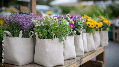 Wallpaper Mural Colorful Flower Display in Rustic Linen Bags at Outdoor Market Torontodigital.ca