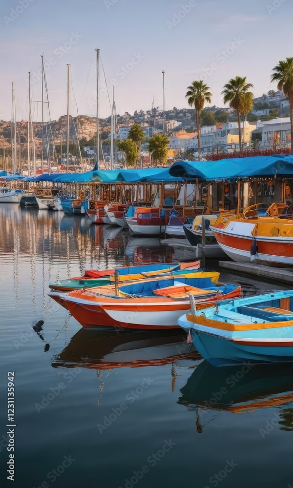 Fototapeta premium Row of bright and colorful pleasure river boats along the marina, river boats, leisure
