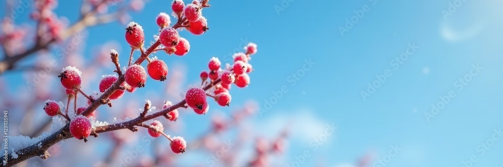 Frozen red viburnum berries on a clear blue winter sky, viburnum, blue sky, berries on branch Frozen red viburnum berries on a clear blue winter sky, viburnum, blue sky, berries on branch