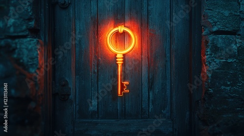 Wallpaper Mural Glowing Key on Old Wooden Door with Stone Wall Background Torontodigital.ca