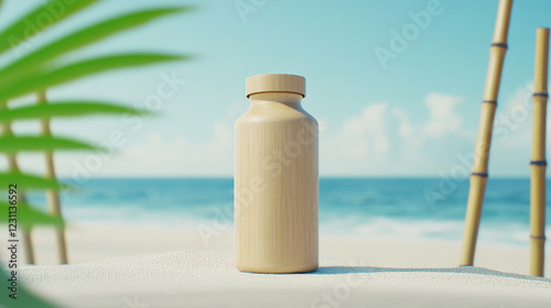 Wooden water bottle on a tropical beach.  Relaxing summer vibes.