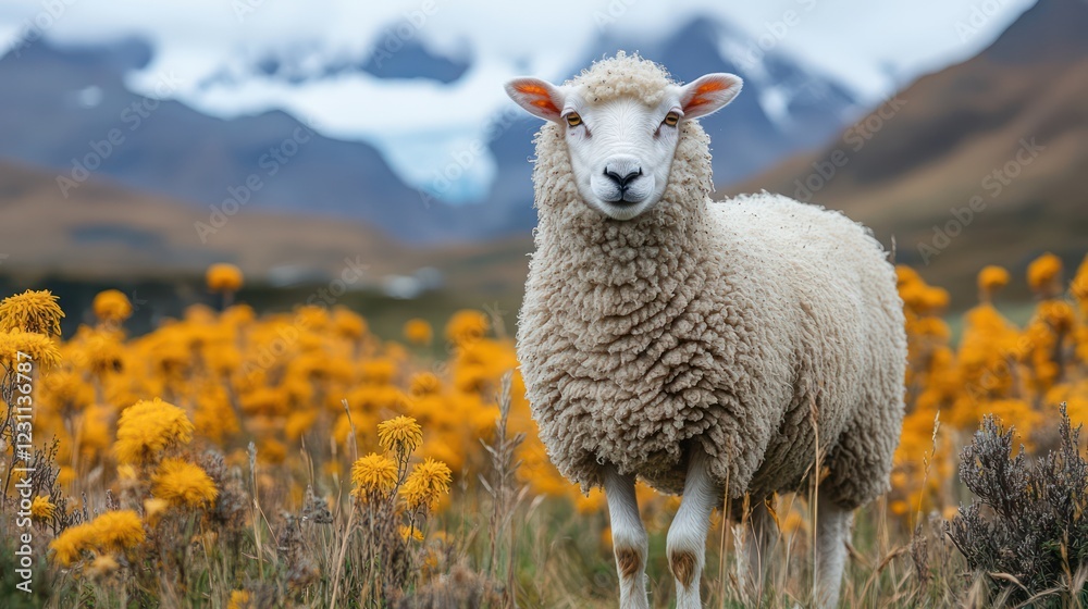 Fototapeta premium Serene Sheep in Patagonia's Golden Meadow