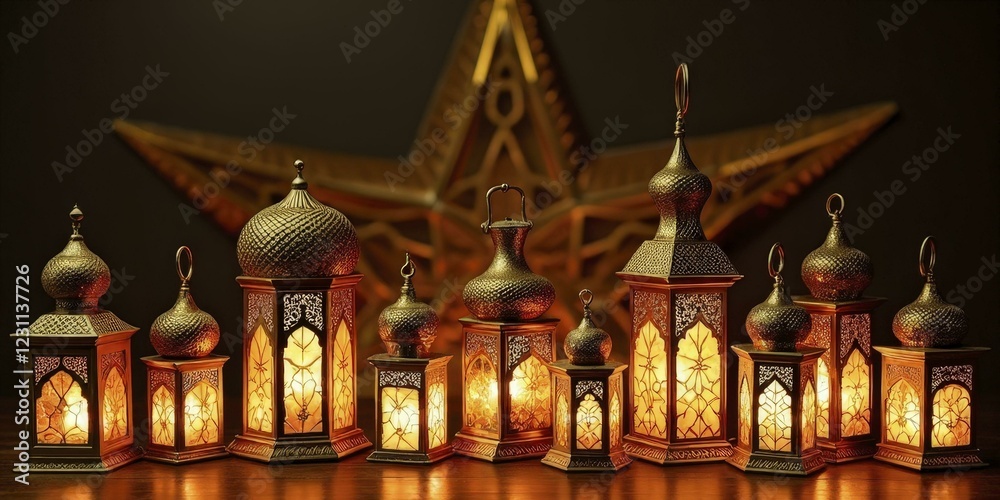 Obraz premium Row of Ornate Golden Lanterns and Star on Dark Wooden Backdrop for Ramadan