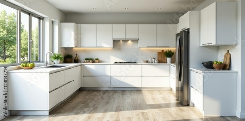 Wallpaper Mural Modern U shape kitchen with white cabinets and stainless steel appliances, stainless steel, u shape Torontodigital.ca