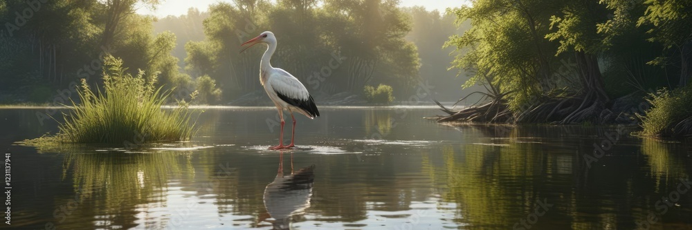 Fototapeta premium Serene white stork basking in sunlight on tranquil lake surface, tranquil, bird, reflection, lake