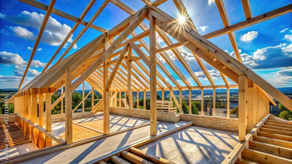 New Home Attic Construction: Timber Framing & Truss Roof Structure Against Blue Sky New Home Attic Construction: Timber Framing & Truss Roof Structure Against Blue Sky