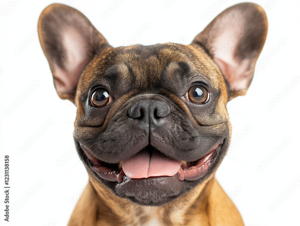 Smiling Brown Bulldog with Wrinkled Face and Expressive Eyes, Captured Against a White Background, Highlighting Its Stocky Build, Friendly Nature, and Iconic Short Muzzle