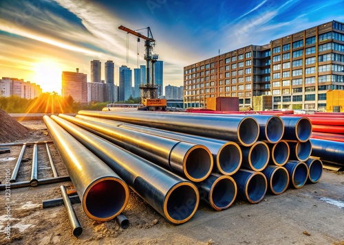 New Black Steel Pipes at Municipal Construction Site - District Heating Pipeline Renewal