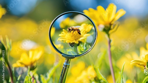 Close-Up View of Bee on Flower Through Magnifying Glass in Field photo