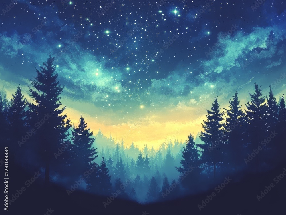 A breathtaking view of a starry sky enveloping a serene forest at night. A breathtaking view of a starry sky enveloping a serene forest at night.