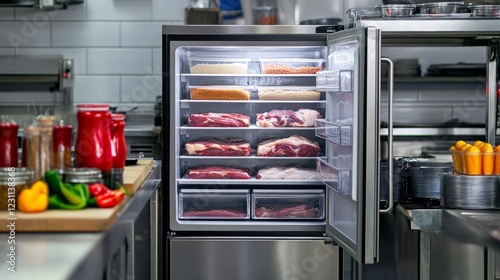 Restaurant freezer with products Frozen ingredients for chefs Open refrigerator in restaurant kitchen Freezer for meat and sauces Steel industrial freezer Refrigerator for catering enterprises